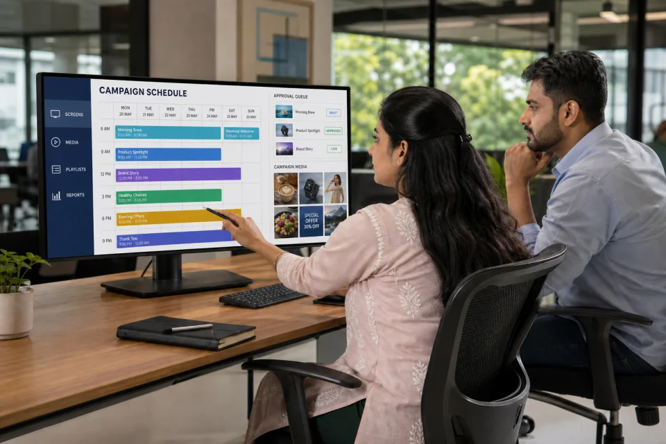 Indian digital signage operators reviewing a content scheduling and media workflow