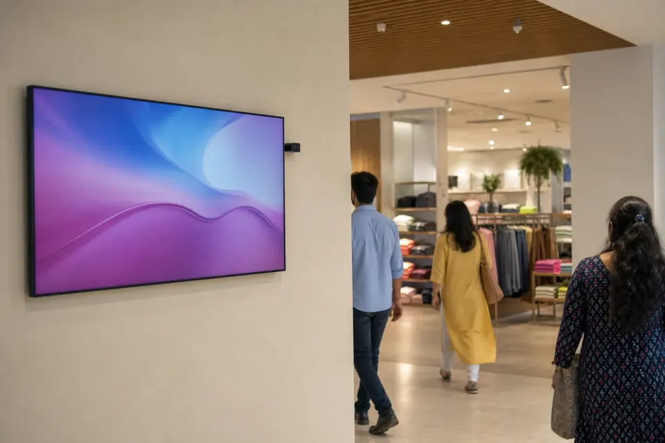 Commercial display with a discreet edge camera in an Indian retail environment