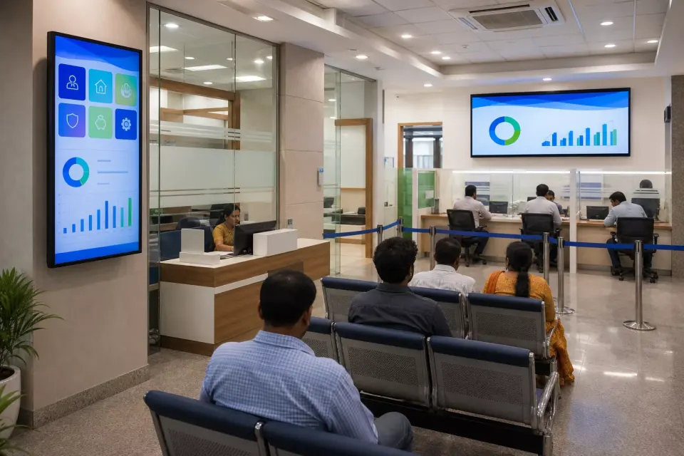 Queue and service guidance display inside a modern Indian bank branch