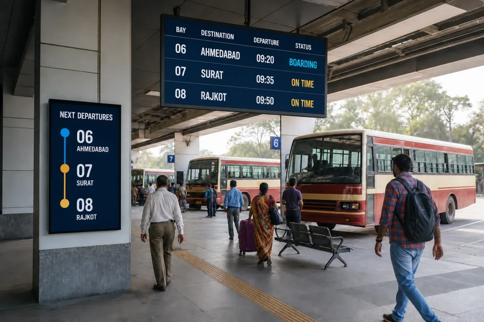 Live departure displays at a modern Indian intercity bus terminal
