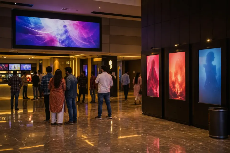 Showtime and concession displays inside an Indian multiplex lobby