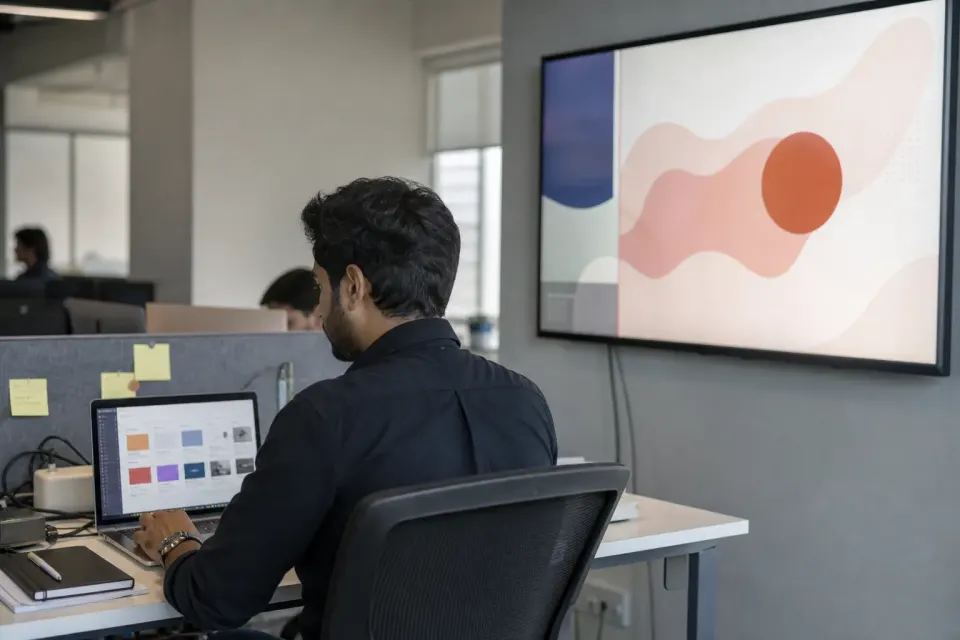 Indian signage operator publishing content from a laptop to a nearby commercial display