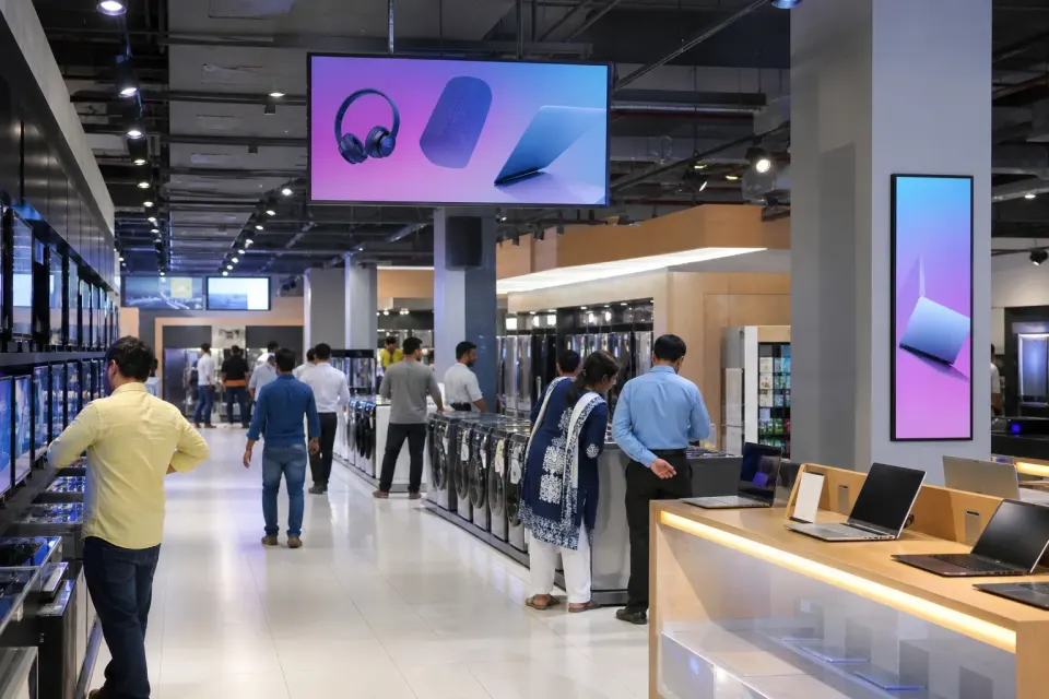 Product comparison display inside an Indian electronics showroom