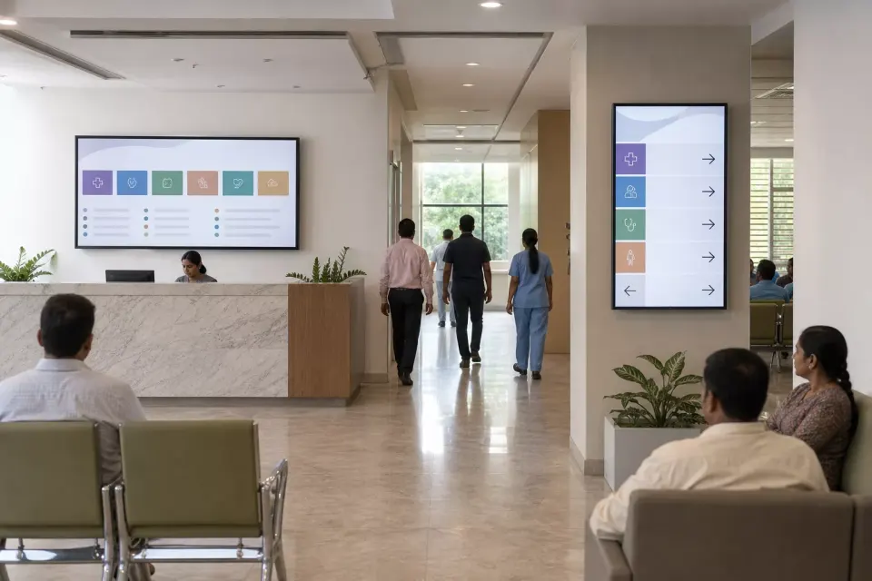 Digital OPD guidance display in an Indian hospital waiting area