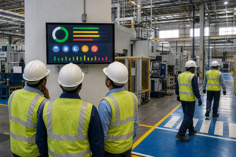 Safety and production display on an Indian manufacturing floor with workers in protective equipment