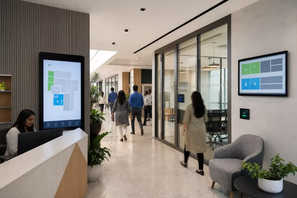 Visitor and workplace announcement display inside an Indian office