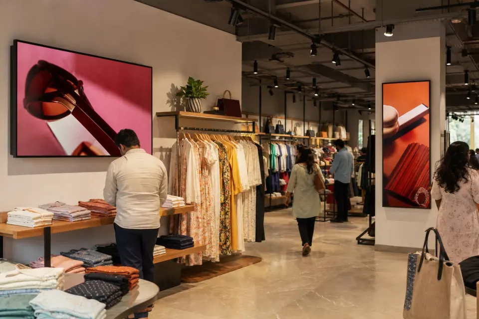 Campaign display beside merchandise inside a contemporary Indian fashion store