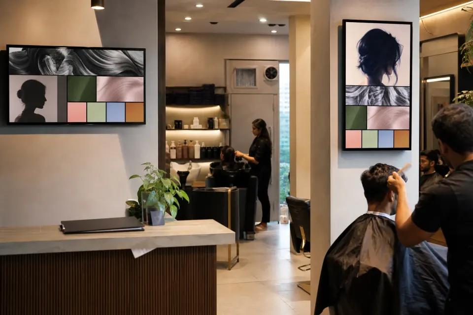 Services and appointment display inside a contemporary Indian salon